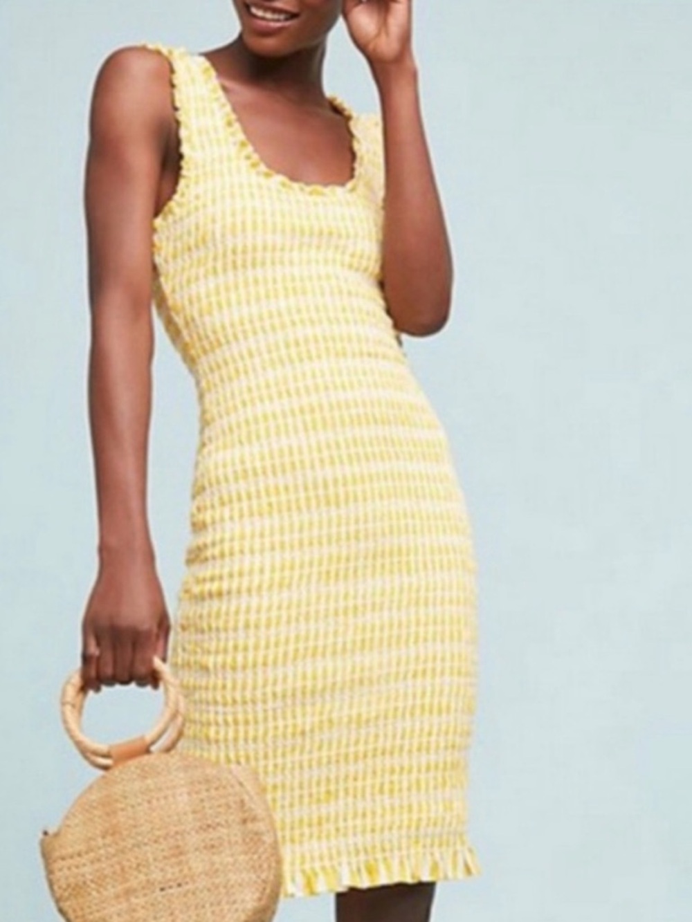 Anthropologie Akemi + Kim Smocked Yellow Ruffled Midi Dress